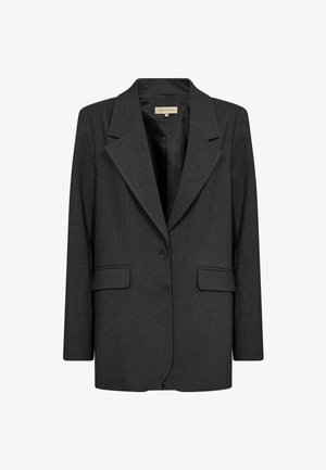 Szürke blézer texturált anyagból, bemetszett gallérral, egy gombos záródással és két elülső zsebbel. Bélése van.