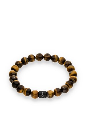 Tigerauge-Perlenarmband mit runden Perlen in verschiedenen Brauntönen und Schwarz, mit einem schwarzen Metallelement, das mit "s.Oliver" graviert ist.