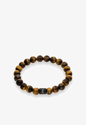 Bracelet à billes en œil de tigre avec des perles rondes de différentes nuances de brun et de noir, comportant un accent en métal noir gravé du nom "s.Oliver".
