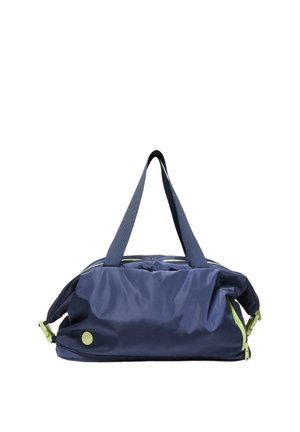 Borsa da viaggio blu navy con manici blu scuro e cerniere verde chiaro mostrata su sfondo bianco.