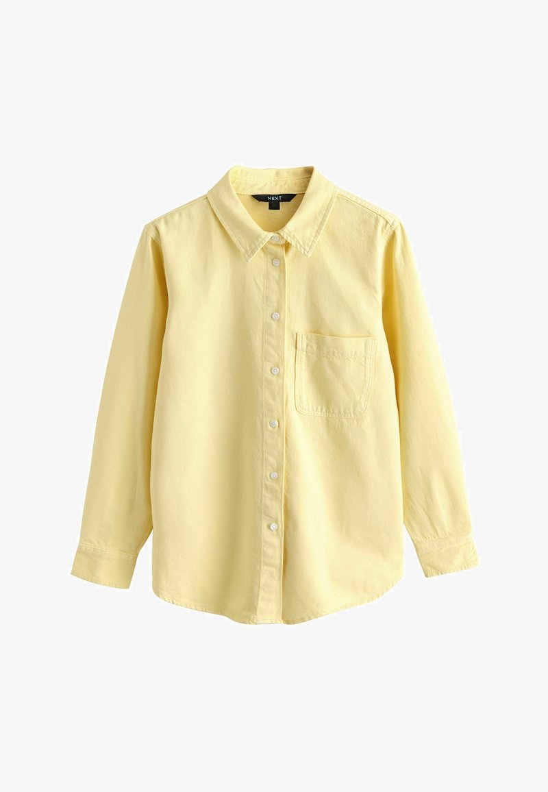 Chemise jaune à manches longues avec col et poche poitrine, en tissu de coton.