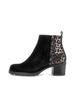 Black suede ankle boot with block heel and metallic leopard print panel on the back side.