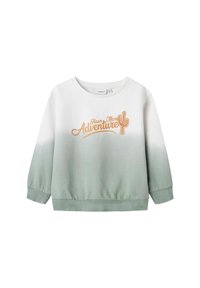 Sweatshirt léger avec un design ombre vert, des poignets et un ourlet côtelés, avec un texte brodé "Avoir Plus d'Aventure" et un graphique de cactus.