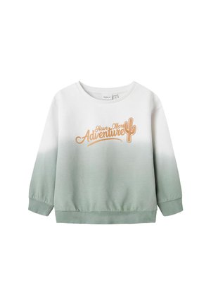 Lichte sweatshirt met een groen ombre ontwerp, ribgebreide manchetten en zoom, met geborduurde tekst "Heb Meer Avontuur" en een cactuscultuur.
