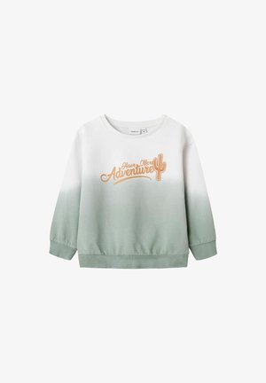 Sweatshirt léger avec un design ombre vert, des poignets et un ourlet côtelés, avec un texte brodé "Avoir Plus d'Aventure" et un graphique de cactus.