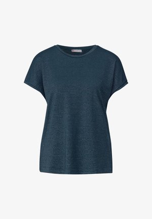 Koszulka z krótkim rękawem w ciemnym odcieniu teal, z okrągłym dekoltem i subtelnym wzorem w paski. Wykonana z miękkiego, lekkiego materiału dla komfortu.