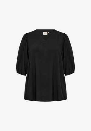 Černá blůza s výstřihem do V a krátkými nafouknutými rukávy. Vyrobena z hladké látky s uvolněným střihem a jemným leskem. Jednoduchý a univerzální design.