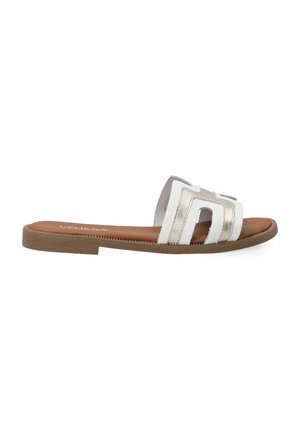 White and metallic slide sandal with two wide straps, a flat brown sole, and a smooth texture. Features a prominent cutout design.