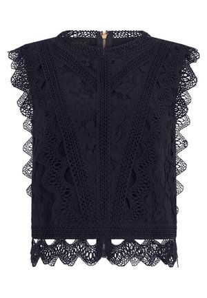 Blusa negra sin mangas de encaje con motivos florales, bordes ondulados y cierre de cremallera dorado en la espalda.