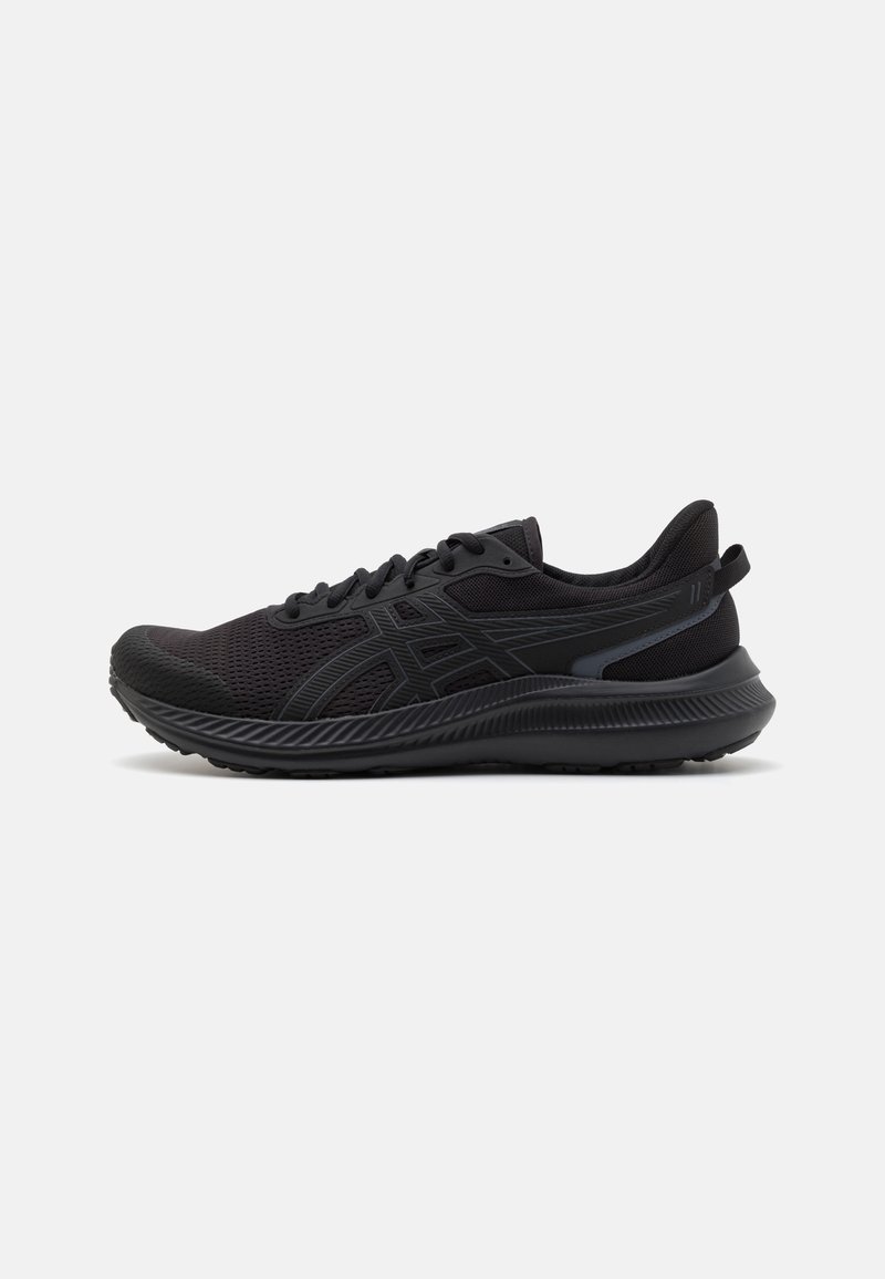 Black athletic shoes with a mesh upper, textured accents, and cushioned sole. Features a lace-up design and a rear pull tab.