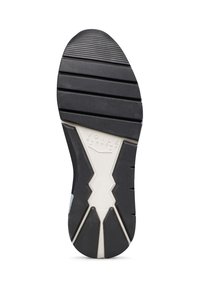 Semelle de chaussure en caoutchouc noir avec des stries horizontales et verticales, présentant un accent blanc près du talon et le texte "VOILE BLANCHE" en relief.