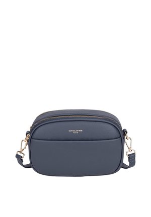 Compacte donkerblauwe crossbodytas met gouden ritssluiting en gespen, voorvak en "David Jones Paris" logo in gouden letters.