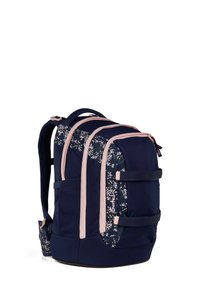 Navy blue backpack with three zippered compartments, light pink accents, floral patterns, padded straps, and side pockets.