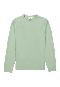 Sudadera verde claro con cuello redondo clásico, mangas raglán largas y puños acanalados. Textura suave, sin patrones o acentos visibles.