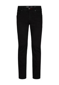 Zwarte denim jeans met een slim fit, voorzien van een klassiek vijf-pocket ontwerp, riemlussen en een subtiele logo-detail op de tailleband.