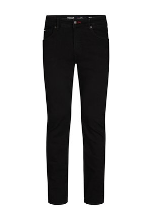Svarte denim jeans med slim fit, der har et klassisk fem-lomme design, bæltestropper og en diskret logo detalje i taljen.