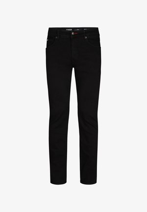 Černé džíny s úzkým střihem, které mají klasický pětikapsový design, poutka na opasek a jemný detail loga na pase.