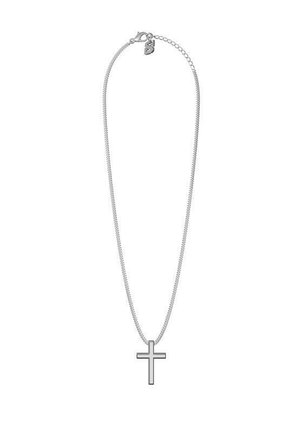 Silver chain necklace with a small cross pendant and an adjustable clasp featuring a dangling letter charm.