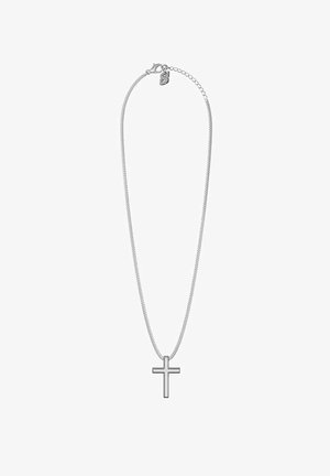 Silver chain necklace with a small cross pendant and an adjustable clasp featuring a dangling letter charm.