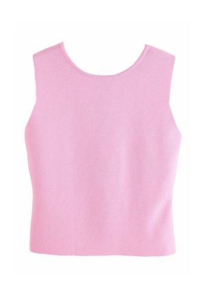 Top fără mâneci din material tricotat de culoare roz deschis. Prezintă un guler rotund și o croială lejeră, cu o textură netedă și un design minimalist.