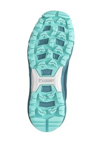Profilsohle mit aggressiven Stollenmustern in Hellblau und Dunkelgrau. Verfügt über eine weiße Zwischensohle mit "MICHELIN"-Branding.