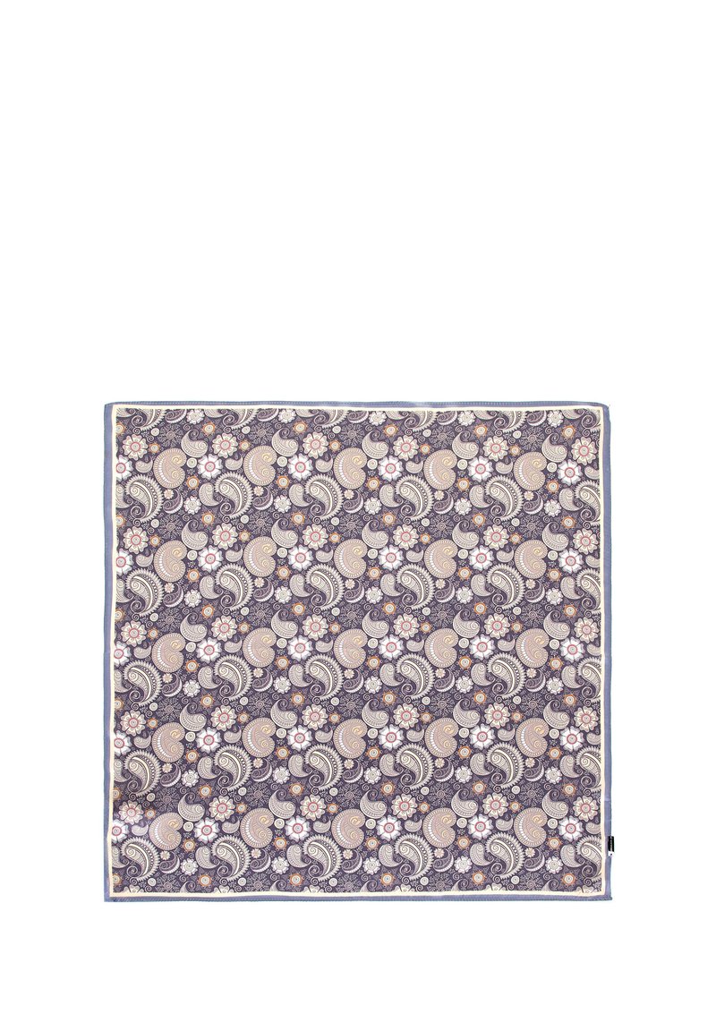 Vierkante sjaal met een paisleypatroon in paars, crème en koraal, met een contrasterende rand. De stof lijkt glad te zijn.