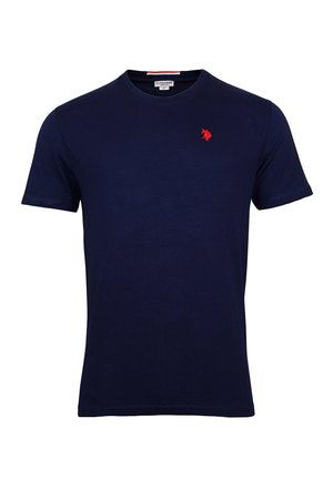 T-shirt bleu marine à manches courtes et col rond avec un petit logo rouge brodé sur la poitrine gauche.