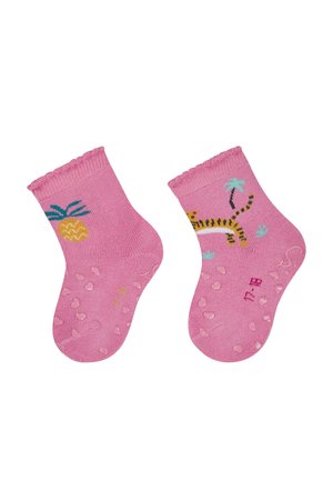 Rosa Baumwollsocken mit einem Ananas- und Tigerdesign, ausgestattet mit einem gerafften oberen Rand und rutschfesten Gummipunkten auf den Sohlen für besseren Halt.