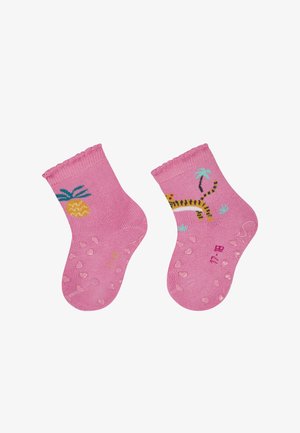 Rosa Baumwollsocken mit einem Ananas- und Tigerdesign, ausgestattet mit einem gerafften oberen Rand und rutschfesten Gummipunkten auf den Sohlen für besseren Halt.