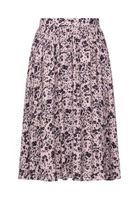 Jupe plissée rose clair avec petit imprimé floral violet foncé, longueur midi et taille froncée.
