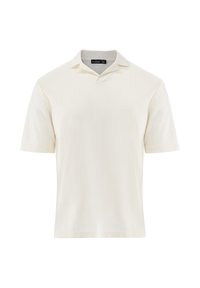 Kurzarm-Polohemd aus cremefarbener Baumwolle, mit einem V-Ausschnitt und einer glatten Textur ohne sichtbare Muster oder Beschläge.