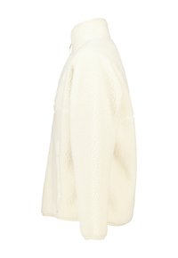 Pullover in pile color bianco sporco, con colletto alto, maniche lunghe e superficie testurizzata. Include una tasca sul davanti.