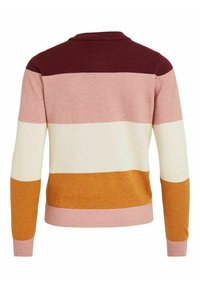 Pull en maille à manches longues, avec des rayures horizontales en bordeaux, rose clair, crème et orange brûlé. Poignets et ourlet côtelés.