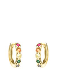 Guldörhängen med en rad av flerfärgade ädelstenar, inklusive rosa, orange, gult, grönt och blått, med en polerad yta.