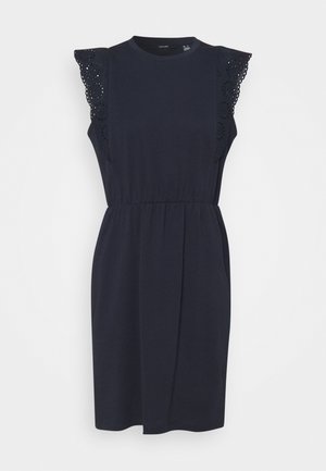 Robe sans manches bleu marine avec encolure ronde, taille élastique et détails en dentelle sur les panneaux d'épaule.