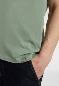 Světle zelené tričko s krátkým rukávem, hladký materiál, s vyšitým logem Dickies blízko lemu, v kombinaci s tmavými denimovými džíny.