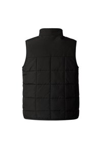 Fekete, sima anyagból készült puffert mellény, magas gallérral, téglalap alakú steppelt mintával, ujjatlan.