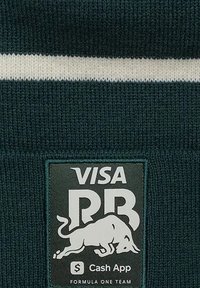Ciemnozielona dzianina ma biały poziomy pasek. Na czarnym prostokątnym plaszczu widnieje napis "VISA" oraz logo byka z napisem "Cash App" poniżej.