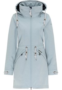 Veste longue bleu clair en tissu doux, avec capuche, cordons de serrage ornés de perles et deux poches avant avec fermetures à boutons.