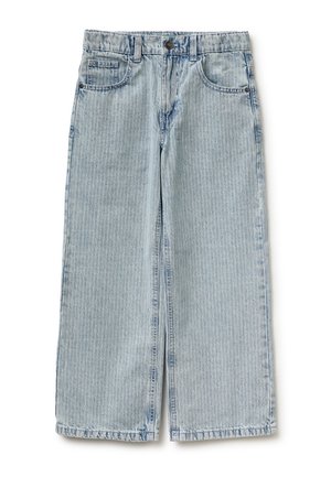 Jeans in denim azzurro chiaro con sottili righe verticali bianche, gambe larghe, bottone frontale e design a cinque tasche.