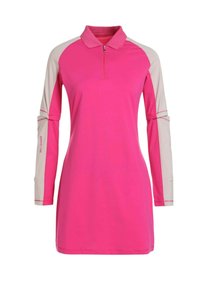 Robe de sport à manches longues rose et gris clair avec col zippé et manches à panneaux contrastés.