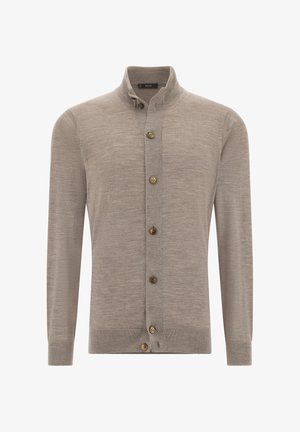 Cardigan beige con colletto rialzato, maniche lunghe e cinque bottoni marroni davanti. Tessuto morbido e polsini a coste.