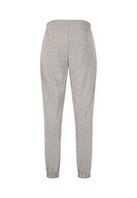 Graue Sweatpants aus weichem Stoff, mit einem elastischen Bund und schmal zulaufenden Bündchen am Knöchel, ohne Taschen.