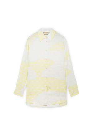 Langärmliges Hemd mit Knopfleiste und spitzem Kragen, mit einem abstrakten Muster aus blassgelben und weißen horizontalen Streifen.