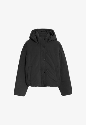 Black padded hooded jacket with snap button closure and two front pockets, featuring long sleeves and elasticated hem.