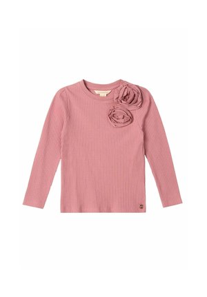 Pink ribbed long-sleeve shirt with round neckline and two fabric flower decorations on the left shoulder.