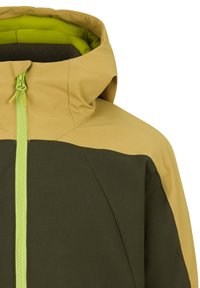 Braun und beige Jacke mit einem Reißverschluss vorne, ausgestattet mit einer Kapuze und kontrastierenden grünen Akzenten. Das Material wirkt strapazierfähig und hat ein strukturiertes Design.