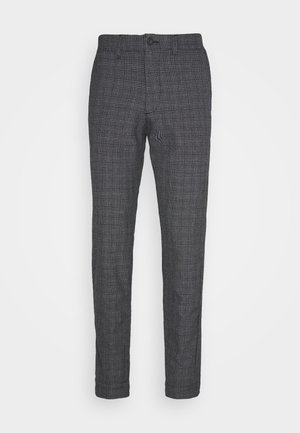 Pantalones de corte slim para hombre con patrón de cuadros gris y negro, cierre de botón y cremallera, bolsillos delanteros y trabillas para cinturón.