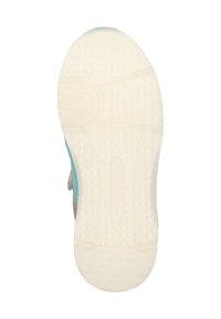 Schoenzool van wit rubber met textuur voor grip, voorzien van een blauwe en paarse zijaccent. Ronde vorm met een gladde afwerking.