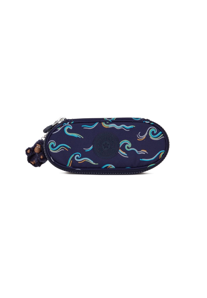 Astuccio blu con motivi a onde colorati, chiusura con zip e un charm peloso. Realizzato in materiale durevole, forma ovale compatta.